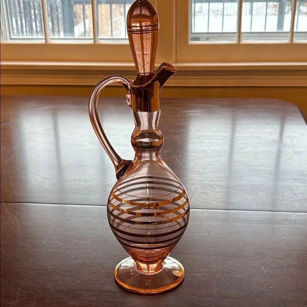 Vintage 1950s Handmade Romanian Amber Pink Glass Decanter Set